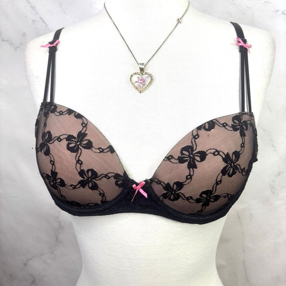 Betsey Johnson Black Mesh Bra Sz 32B Padded Demi Underwire Pink Bow Whimsigoth